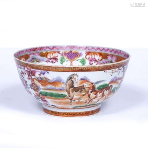 Porcelain bowl Chinese, Qianlong, circa 1770 enamelled in famille rose with complex panels with