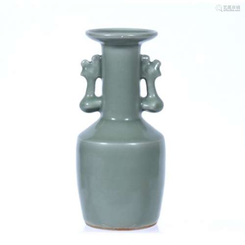 Song style celadon glazed mallet vase Chinese with stylised phoenix handles, foot-rim unglazed,