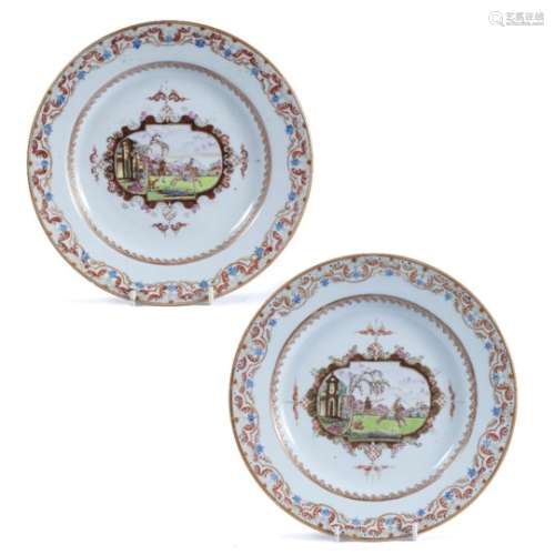 Pair of European decorated dishes Chinese, Qianlong (1736-1795) each painted with an oval