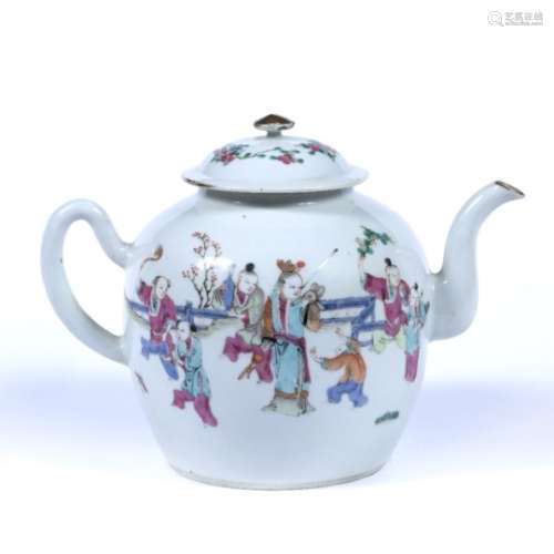 Large famille rose teapot Chinese, 19th Century painted in enamels with mother and children