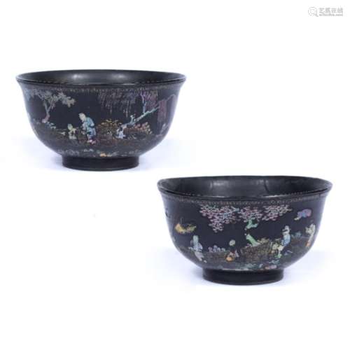 Pair of burguette bowls Chinese, 18th/19th Century decorated in mother of pearl depicting figures