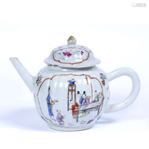 Famille rose teapot Chinese, late 18th Century painted in enamels with figures at a table 14cm high