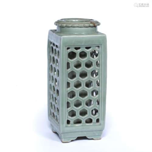 Celadon glazed square form vase Chinese, 19th/20th Century with pierced honeycomb panels, with