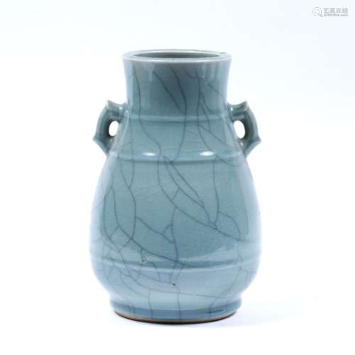Celadon crackle glazed porcelain vase Chinese of bulbous form with twin handles, seal mark to base