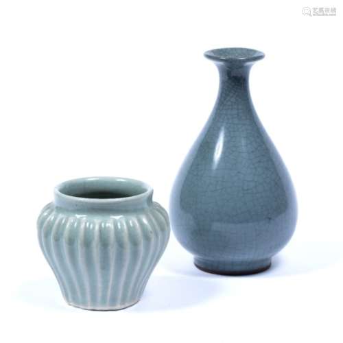 Two celadon glazed vases Chinese, 20th Century one of squat fluted form, unmarked 11cm high and a