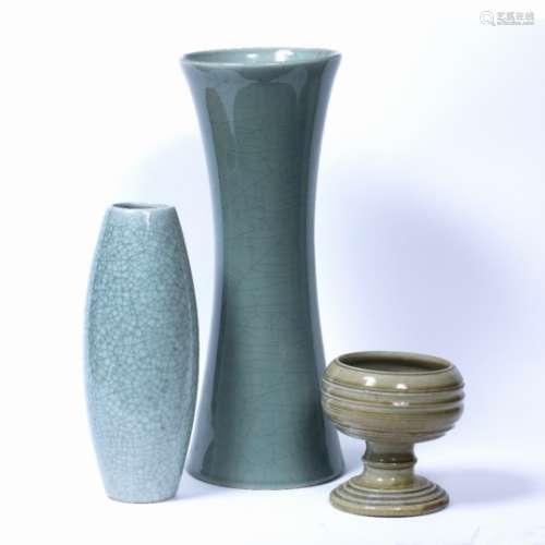 Two celadon glazed vases Chinese one a large example of waisted form 45cm high another smaller