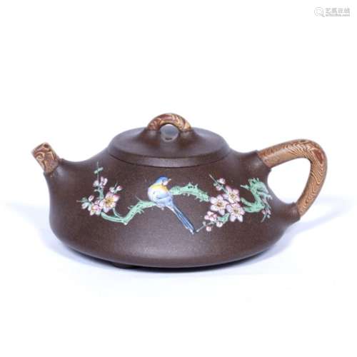 Yixing small teapot Chinese, 20th Century with polychrome enamels of blossom and a bird and with