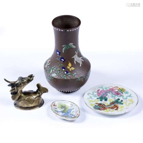 Yixing small vase Chinese, circa 1900 with enamelled decoration 16cm two small Chinese dishes and