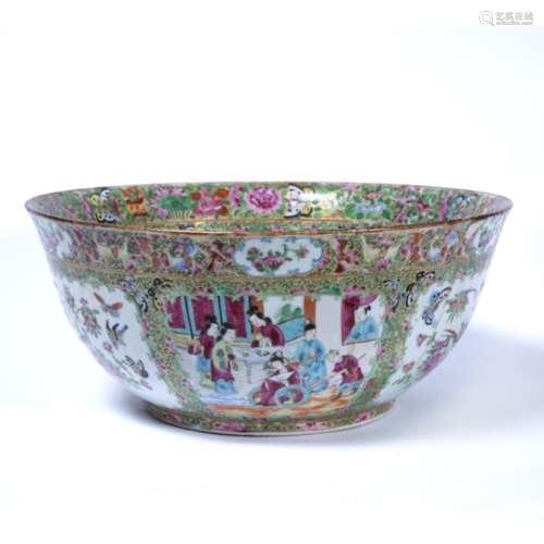 Large Canton punch bowl Chinese, 19th Century with panels of figures alternating with birds and