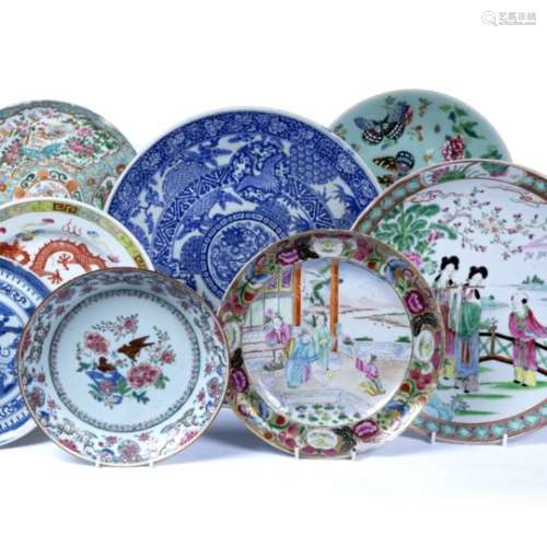 Famille rose dish Chinese, 18th Century 21.5cm and seven other Chinese and Japanese plates and