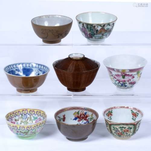 Group of tea bowls Chinese and Japanese including green ground eggshell bowl with Tongzhi reign mark