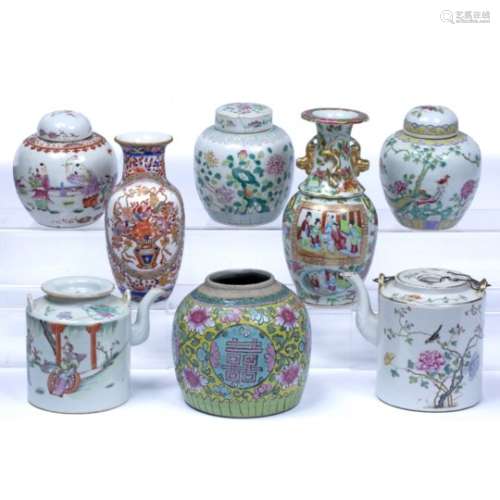 Canton polychrome vase Chinese, 19th Century 24cm high four Chinese ginger jars (three covers),