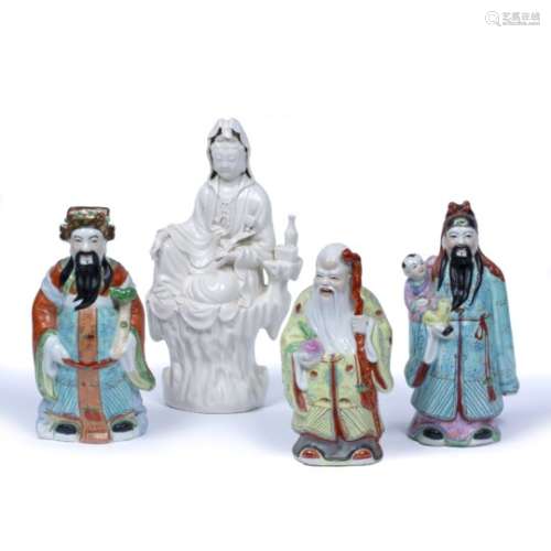 Porcelain model of Guanyin Chinese, 20th Century 32cm high and three Chinese polychrome porcelain