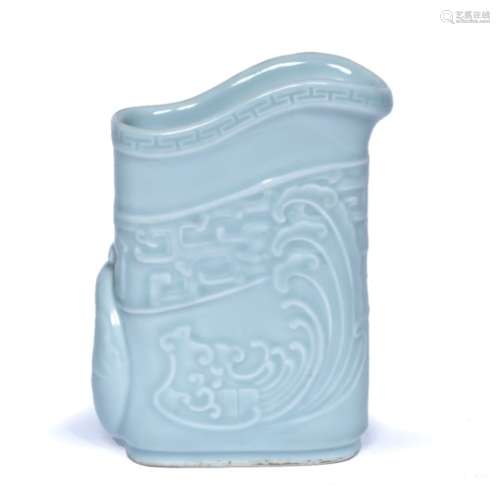 Celadon archaic style jug Chinese moulded wave design with stylised handle, seal mark to the base