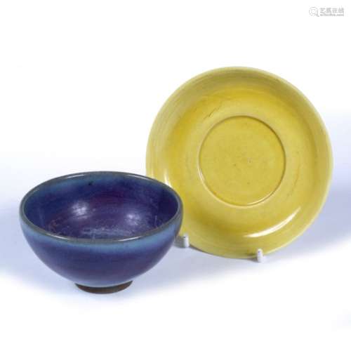 Yellow ground porcelain saucer Chinese, 19th Century 12cm and a small Jun ware bowl, 10cm (2)