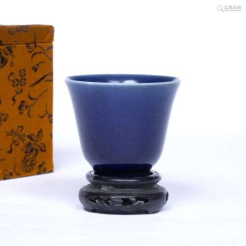 Powder blue miniature wine cup Chinese with Qianlong blue seal mark, with hardwood stand, cased