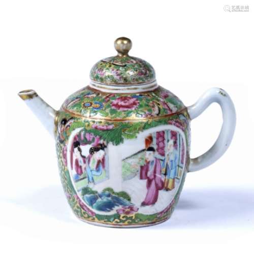 Canton porcelain teapot Chinese, 19th Century with painted terrace scene 13.5cm