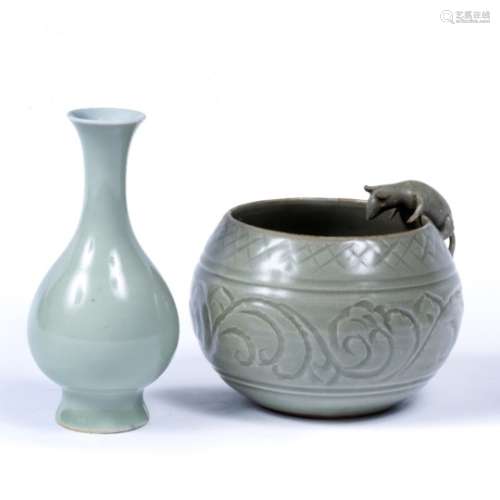 Celadon incised bowl Chinese with two rats, one on the rim 13cm and a small celadon vase, 14.5cm (