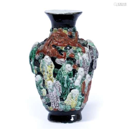 Black ground porcelain vase Chinese, early 20th Century with raised immortals, Qianlong seal mark
