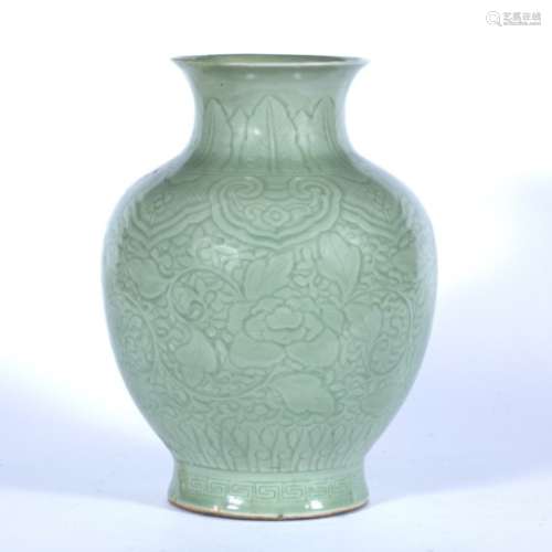 Celadon vase Chinese, 19th Century with leaf ruyi and foliate scroll designs, underglaze blue