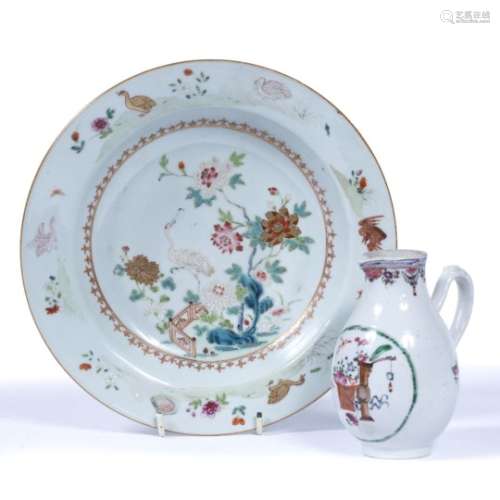 Famille rose sparrow beak jug Chinese, 18th Century and a Chinese famille verte bowl painted with