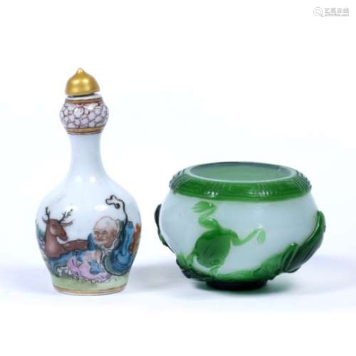 Porcelain snuff bottle Chinese, Republic period painted with Lohan and stag 10cm high and a Peking