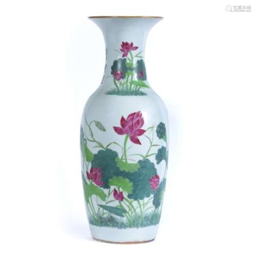 Famille verte vase Chinese, 19th/20th Century decorated with lotus flowers and with poem 61cm high