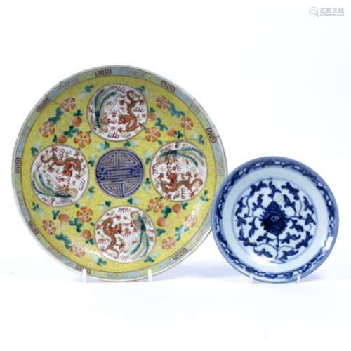 Yellow ground porcelain shallow dish Chinese, 19th Century with four panels of dragons 25.5cm and