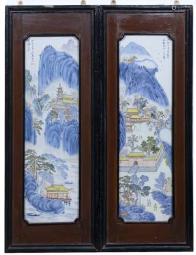 Pair of porcelain panels Chinese, 19th/early 20th Century depicting a mountain landscape with temple