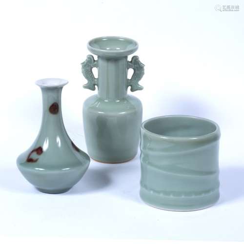 Celadon brush pot Chinese, 20th Century 10cm high an archaic style celadon Chinese vase with fish