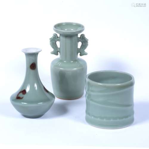 Celadon brush pot Chinese, 20th Century 10cm high an archaic style celadon Chinese vase with fish