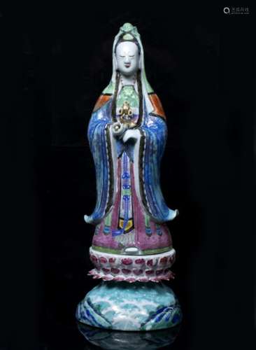 Famille rose decorated Canton porcelain figure of a standing Guanyin Chinese, 19th Century holding a