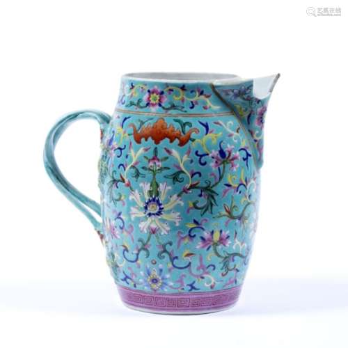 Turquoise cider jug Chinese, 19th Century decorated in foliate patterns in different colours, with a