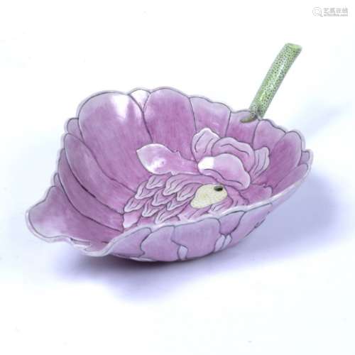 Porcelain water dropper Chinese modelled as a lotus flower with pink petals with a spotted green