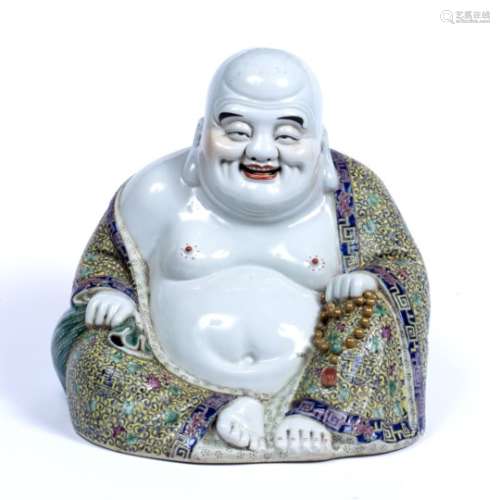 Famille rose porcelain model of Buddha Chinese, Republic period seated decorated in yellow ground
