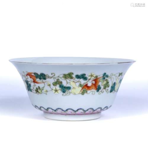 Polychrome enamel decorated bowl Chinese decorated with a single panel running around the body