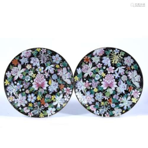 Pair of famille noir millefleur plates Chinese, Guangxu (1875-1908) mark and period decorated with