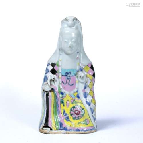 Famille rose porcelain model of Guanyin Chinese, 18th Century decorated in traditional clothes