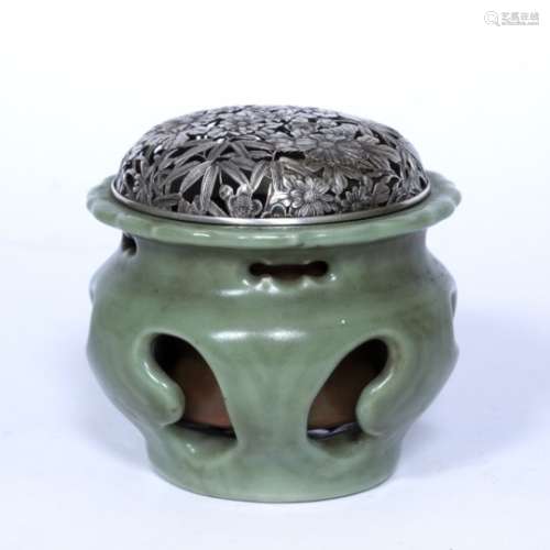 Celadon brush or flower container holder Chinese, 19th Century the rounded body with bracket