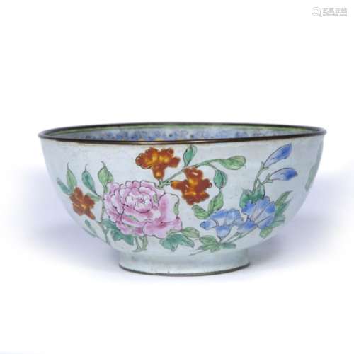 Canton enamel bowl Chinese, 19th Century decorated to the outside with pink peonies and other