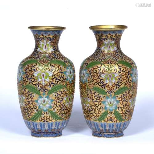 Pair of cloisonne vases Chinese, 20th Century each having lotus flower designs on gold ground 21.5cm