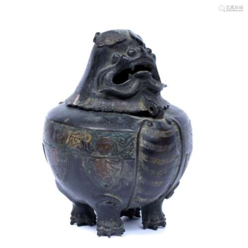 Bronze incense burner Chinese, 19th Century in the form of a creature, with bulbous body decorated