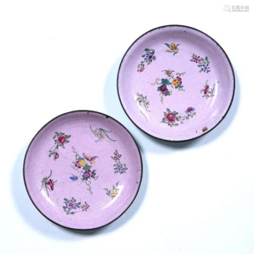Two pink Canton enamel plates Chinese, 19th Century decorated with splays of flowers, fruiting
