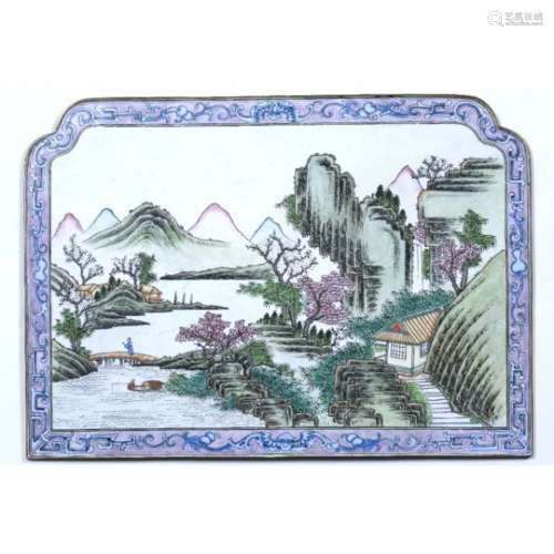 Canton enamel plaque Chinese, 19th/20th Century depicting a village scene with a river flowing