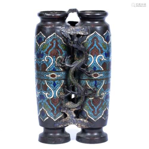 Cloisonne decorated bronze twin cylindrical bodied 'Champions' vase Chinese, 19th Century divided by