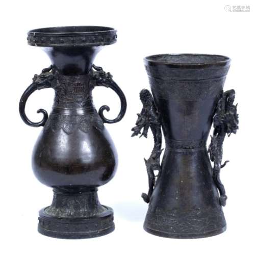 Pair of Hu vases Chinese, late Ming (1368-1644) the baluster vases with two dragon head and tongue