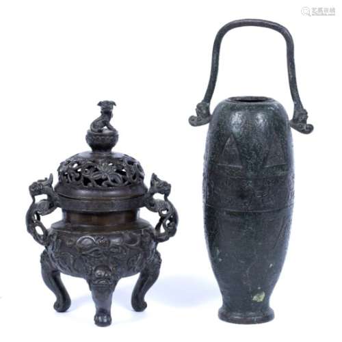 Two bronze vessels Chinese, 18th Century the first in the form of a vase with stylised flowers to