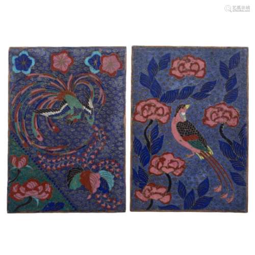 Pair of cloisonne table screen panels Chinese, 19th Century each depicting a phoenix in flight, on a