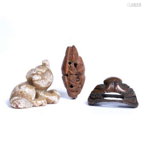Coquilla carved nut Chinese a bronze small octopus and a soapstone netsuke (3)