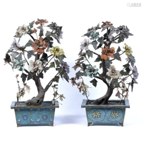 Pair of jade trees Chinese, 19th Century decorated with jadeite and stone leaves set in cloisonne